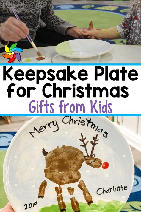 This adorable keepsake plate will bring a smile to parents’ faces every year when they get it out! It’s quick and easy to make, is fun for little ones, and is a great plate for holiday cookies for everyone’s favorite hard-working, red-suited elf! Christmas Gift To Parents From Toddler, Toddler Parent Gifts Christmas, Christmas Presents From Toddlers To Parents, Christmas Gifts Preschoolers Can Make For Parents, Keepsake Plates Diy, Plate Handprint Art, How To Make A Plate With Hand Prints, Christmas Plate Handprint Ideas, Preschool Christmas Plates For Parents