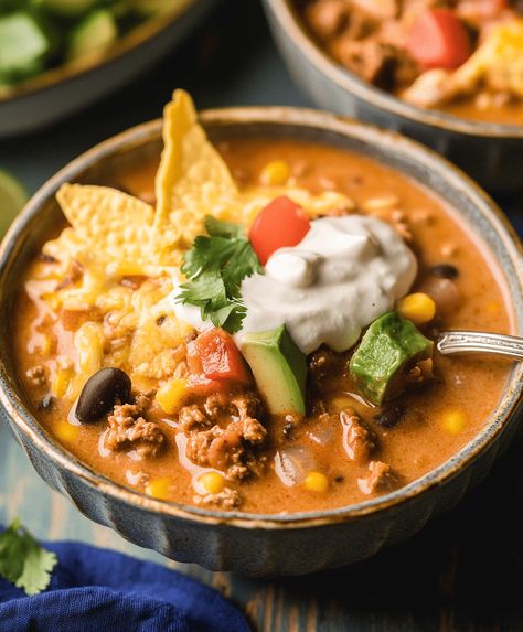 Creamy Beef Enchilada Soup Recipe Beef Enchilada Soup, Casserole Ground Beef, Hobo Casserole, Mongolian Ground Beef Noodles, Ground Beef Noodles, Mongolian Ground Beef, Enchilada Soup Recipe, Beef Enchilada, Ground Beef Recipe