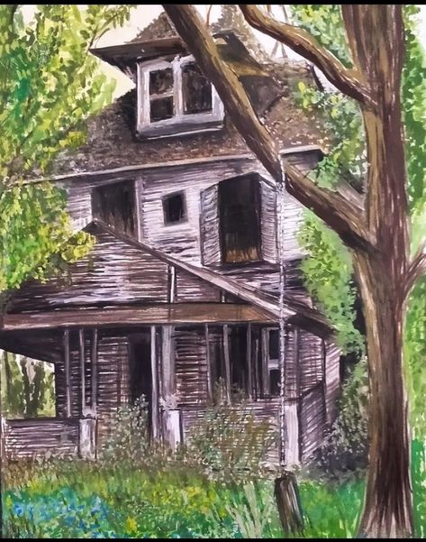 Reference used painting Acrylic painting Old House Painting Art, Abandoned Building Painting, House Painting Art, Old House Painting, Building Painting, Abandoned House, Halloween Painting, Abandoned Buildings, Abandoned Houses