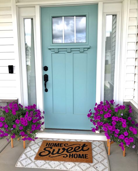 Sherwin Williams Festoon Aqua craftsman flower pots Festoon Aqua Front Door, Sherwin Williams Festoon Aqua, Festoon Aqua Sherwin Williams, Teal Front Door, Aqua Front Doors, Front Door Porch Decor, Backyard Door, Bright Front Doors, Teal Front Doors