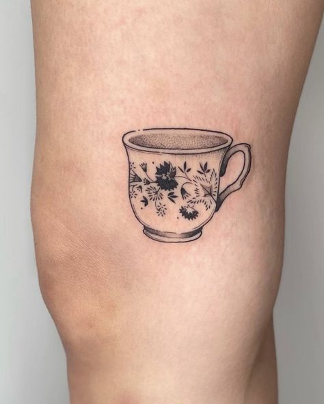 Coffee Mug With Flowers Tattoo, Full Cup Tattoo, China Tea Cup Tattoo, Tea Party Tattoo Ideas, Cup Of Stars Tattoo, Tea Mug Tattoo, Tea And Toast Tattoo, Small Coffee Tattoo, Tea Set Tattoo