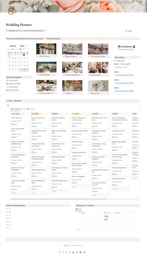 daily planner notion template Notion Wedding Planner, Notion Template Planner, Wedding Planning Templates, Life Planner Organization, Event Planning Template, Honeymoon Planning, Creative Planner, Small Business Planner, Social Media Planner