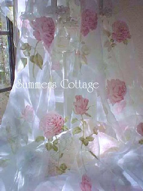 Pink Roses on Sheer Silk Drape Panel Cottage Drapes, Decor For Beach House, Ruffled Duvet, White Wicker Chair, Rose Curtains, Comfortable Beds, Green Stuff, Country Curtains, Beautiful Pink Roses