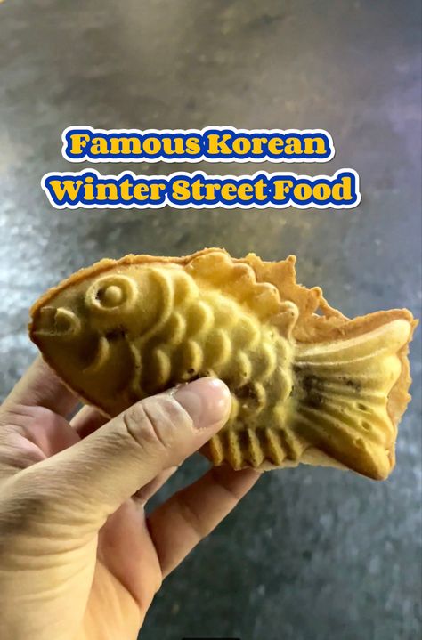 Cute goldfish bread, bungeo-ppang, baked in a fish-shaped mould, this treat not only looks great, it also tastes great. Stuffed with sweet red-bean paste, something you’ll find in a lot of Korean baked goods, this fish is a classic Korean winter snack. Crispy on the outside, sweet and delicious on the inside. Like most Korean winter snack foods, you’ll find these at street stalls and in traditional markets. Cute Goldfish, Winter Snack, Sweet Red Bean Paste, Sweet Red Bean, Korean Winter, Red Bean Paste, Korean Street Food, Traditional Market, Snack Foods