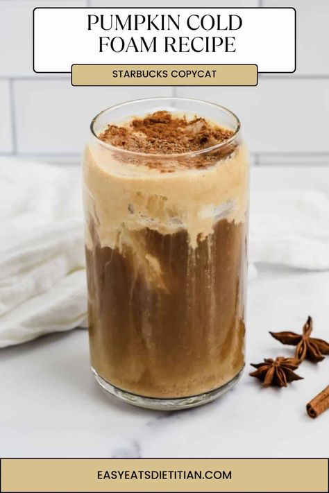 Pumpkin Cold Foam (Starbucks Copycat) Pumpkin Cold Foam Starbucks, Pumpkin Cold Foam Recipe, Cream Cold Foam Recipe, Pumpkin Cream Cold Foam, Cold Foam Recipe, Coffee Smoothie Healthy, Pumpkin Cold Foam, Foam Recipe, Holiday Drink Recipes