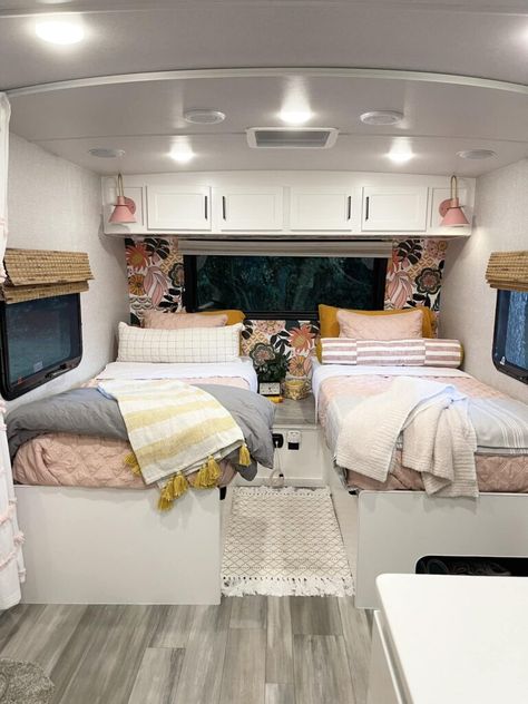 Girly Rv Remodel, Rv Wallpaper Ideas, Camper Wallpaper Ideas, Toy Hauler Remodel Kids Room, Pop Up Camper Interior Ideas, Rv Bed Above Cab Remodel, Camper Bedroom Ideas, Rv Bedroom Ideas, Wallpaper In Camper Travel Trailers