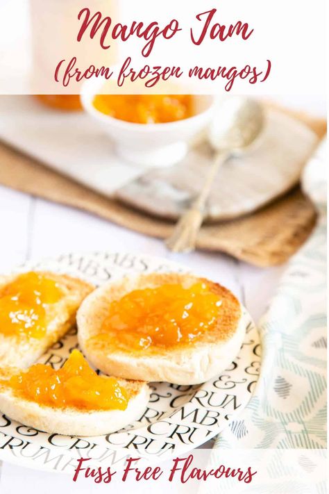 Easy Mango Jam Made With Frozen Mango - Helen's Fuss Free Flavours Pineapple Mango Jam Recipe, Mango Jam With Pectin, Recipes Using Frozen Mango, Mango Habanero Jam Recipe, Mango Jam Recipe Homemade, Frozen Mango Recipes, Mango Jam Recipe, Blueberry Jam Recipe, Coconut Jam