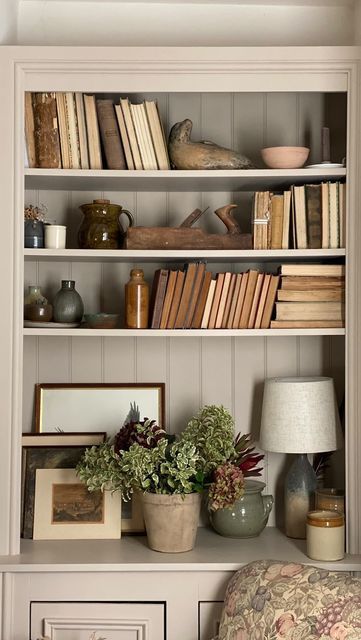 Alcove Shelving Decor, Decorating An Alcove, Alcove Styling, Cottage Shelves, Alcove Ideas Living Room, Farmhouse Bookshelf, Alcove Shelves, Victorian Renovation, Shelf Decor Living Room