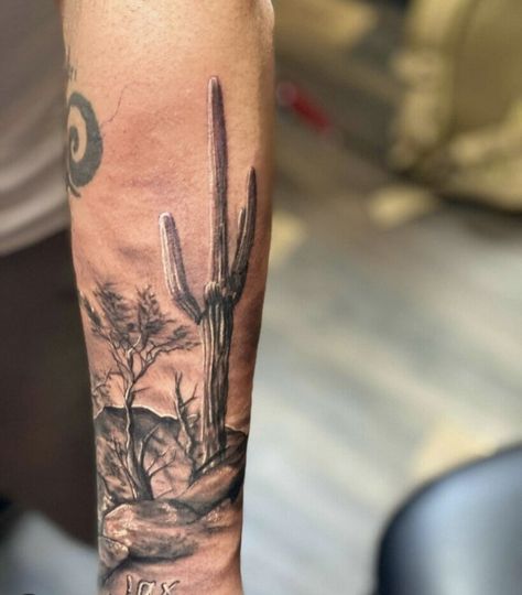 Western Scenery Tattoo, Southwestern Tattoo Sleeve, Arizona Landscape Tattoo, Desert Tattoo Sleeve, Western Sleeve Tattoo For Men, Desert Scene Tattoo, Outdoor Tattoo Ideas, Sedona Tattoo, Tucson Tattoo