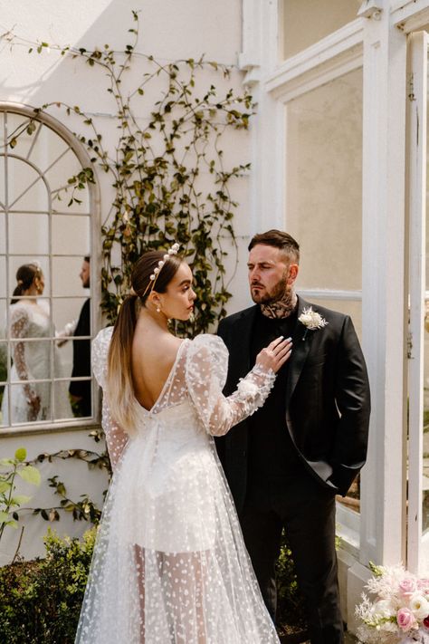 Polka Dot Wedding Dress Editorial | London Wedding Ideas Wedding Dress Editorial, Dot Wedding Dress, Dress Editorial, Polka Dot Wedding Dress, 2 Piece Wedding Dress, Embellished Veil, Wedding Dresses Spaghetti Strap, Plus Size Bridal Dresses, Western Gown