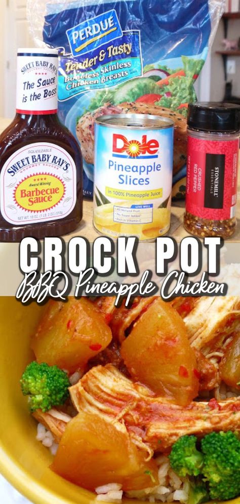 CROCK POT HAWAIIAN CHICKEN (BBQ Pineapple Chicken) Family Favorite! Only 4 ingredients, an awesome slow cooker recipe that's so versatile. Serve over rice with steamed veggies, also so makes excellent quesadillas! Barbecue Pineapple Chicken Crockpot, Pineapple Chicken Crockpot Easy, Crockpot Chicken With Pineapple, Bbq Pineapple Chicken Crockpot, Chicken Bbq Pineapple, Barbecue Pineapple Chicken, Barbecue Pineapple, Crock Pot Hawaiian Chicken, Hawaiian Pineapple Chicken