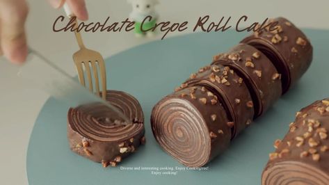 Chocolate Crepe Roll Cake Recipe 44 Crepe Roll Cake, Crepe Cake Chocolate, Roll Cake Recipe, Cooking Tree, Chocolate Roll Cake, Chocolate Crepes, Chocolate Roll, Passover Recipes, Roll Cake