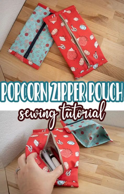 Popcorn Pouch Pattern Free, Zip Pouch Sewing Pattern, Pouch Patterns To Sew, Popcorn Pouch, Easy Zipper Pouch, Sewn Gifts, Diy Pouch No Zipper, Popcorn Bag, Diy Toy Storage