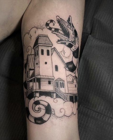 Beetlejuice House Tattoo, Beatle Juice Tattoos, Movies Tattoo Ideas, Beetlejuice Tattoo Ideas, Stephen King Tattoos, Beetlejuice House, Sydney Tattoo, Sand Worm, Beetlejuice Tattoo