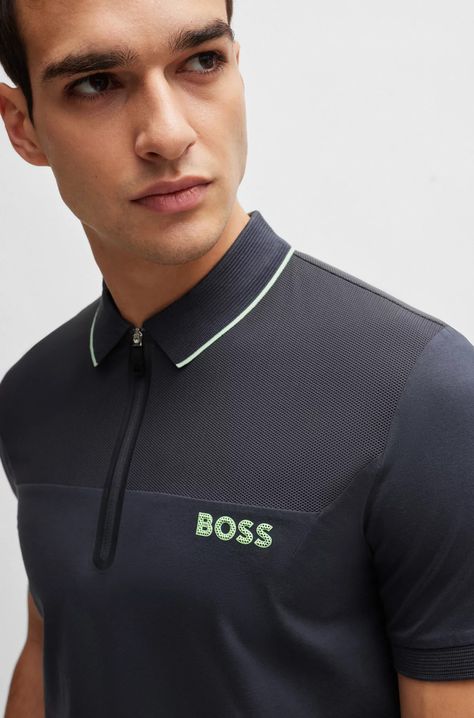 BOSS - Zip-neck slim-fit polo shirt with mesh details English Clothes, Boss Suits, Boss Outfit, Polo Design, Grey Polo Shirt, Slim Fit Polo Shirts, Green Polo Shirts, Slim Fit Polo, Business Shoes