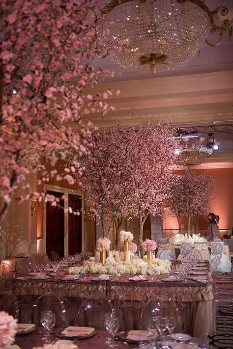 I love the indoor cherry blossom trees at this wedding Cherry Blossom Wedding Theme, Wedding Tree Decorations, Cherry Blossom Theme, Flowers Candles, Garden Theme Wedding, Cherry Blossom Wedding, Elegant Wedding Reception, Tree Wedding, Cherry Blossom Tree