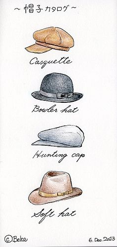 2013_12_07_cap_hat_01_s hats & caps  for this drawing I used: Faber castell polychromos Midori travelers' notebook  © Belta(WAKABAYASHI Mayumi ) Cap Sketch Drawing, Hats Drawing Sketches, Cap Sketch Design, Fancy Hat Drawing, Flat Cap Drawing, Hat Designs Drawings, Flat Cap Tattoo, Hats To Draw, Fedora Hat Drawing