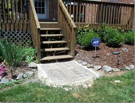 Patio pavers for deck landing Deck Landing Ideas, Deck Stairs Landing, Deck Landing, Diy Stone Patio, Landscaping Around Deck, Deck Landscaping, Landing Ideas, Patio Stairs, Patio Pavers Design