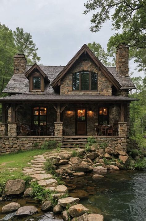 Half Rock House Exterior, Natural Rock House Exterior, Rustic Lodge Exterior, Dark Rustic House Exterior, Brick Mountain Home, Rustic House Outside, Wood And Rock House Exterior, Stone Houses Rustic, Cabin House Exterior