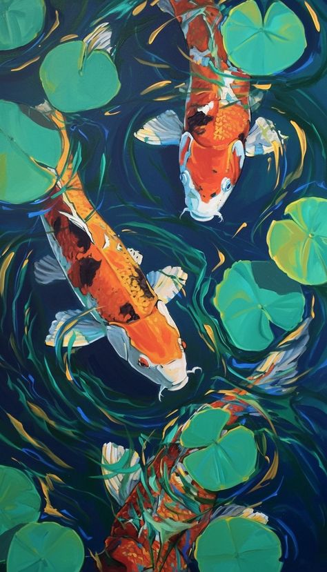 ✨🎨Unlock Newest Midjourney Prompts - Tap Link in my Bio🖱️🔗 Koi Color Palette, Koi Fish And Lily Pads, Koi Fish Pond Painting, Caribbean Bedroom, Koi Illustration, Surface Illustration, Two Koi Fish, Koi Fish Art, Coy Fish