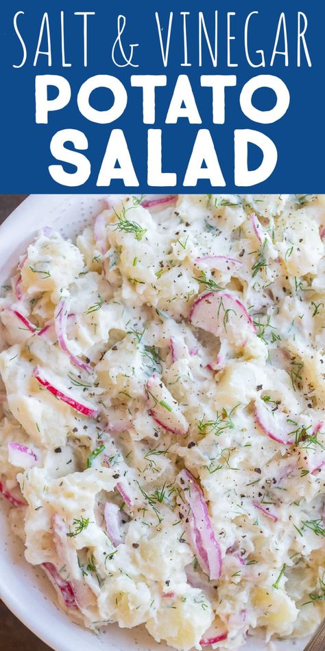 This Salt & Vinegar Potato Salad is super flavorful and refreshing! It's easy to make and great for a fun twist on regular potato salad. Everyone will love this modern take on potato salad. Great for BBQs and summer potlucks. #potatosalad #saltandvinegar #vegan #veganpotatosalad Gluten Free Potato Salad, Vinegar Potato Salad, Traditional Potato Salad, Pork Taco, Salt And Vinegar Potatoes, Potatoe Salad, Florida Recipes, Potato Salad Dressing, Southern Potato Salad