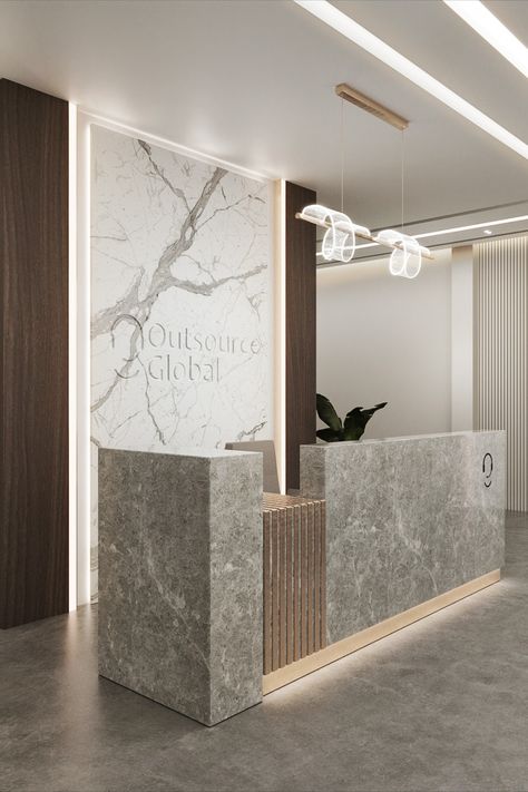 Modern office reception💯 Office Reception Area Design, Modern Office Reception, Reception Counter Design, Reception Area Design, Hotel Reception Desk, Office Reception Design, Contemporary Reception, Display Retail, Modern Reception Desk