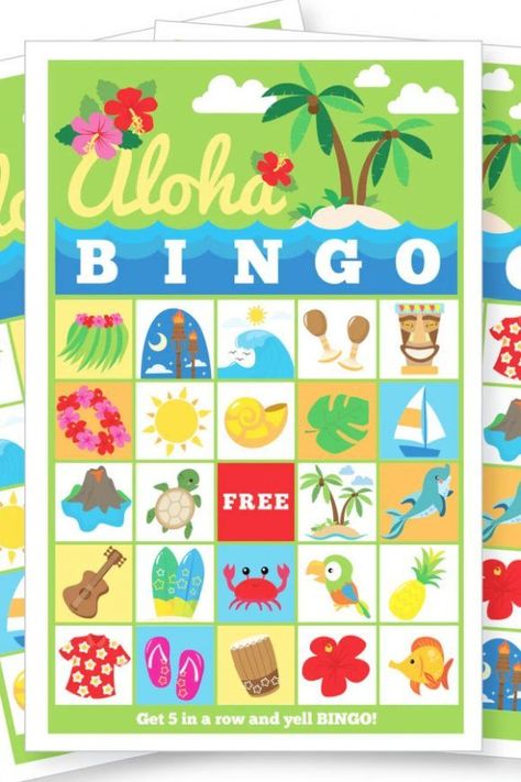 Keep your guests entertained with a fun game of bingo. Download and print these 'Aloha' bingo cards and watch as everyone has a laugh. See more party ideas and share yours at CatchMyParty.com Laua Party Ideas Hawaiian Luau Games, Hawaii Themed Party Games, Luau Party Ideas Classroom, Luau Birthday Party Games, Indoor Luau Party Games, Hawaiian Theme Summer Camp, End Of The Year Luau Classroom Party, Hawaiian Theme Party Games, Hawaiian Luau Party Games