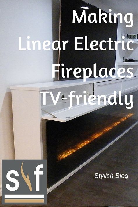 Stylish Blog: Making Linear Electric #Fireplaces TV-friendly. Fireplace design tips. Electric fireplace features & benefits. Installing TV's above fireplaces. Floating Electric Fireplace Ideas With Tv, Linear Fireplace With Tv Above, Fireplaces Tv, Fireplace With Tv Above, Hearth Design, Adding A Fireplace, Fireplace With Tv, Downstairs Ideas, Linear Electric Fireplace