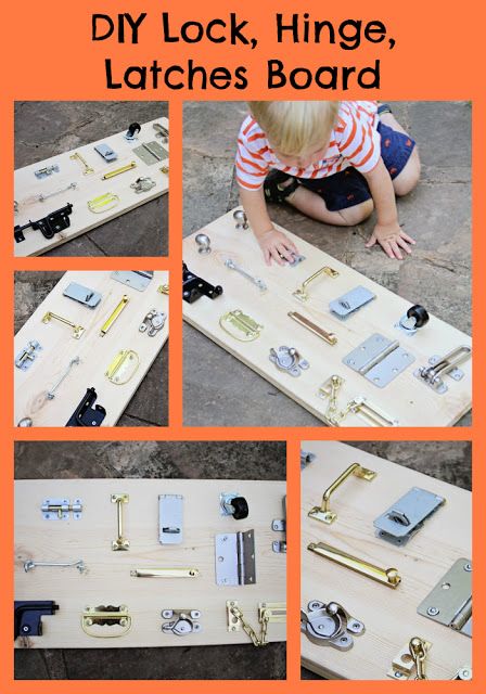 DIY Lock, Hinge, Latch board for toddlers - So easy!  Running from the Law blog Baby Zintuiglijk, Diy Lock, Diy Busy Board, Diy Sensory Board, Latch Board, Toddler Activity Board, Busy Board Baby, Busy Boards For Toddlers, Diy Bebe