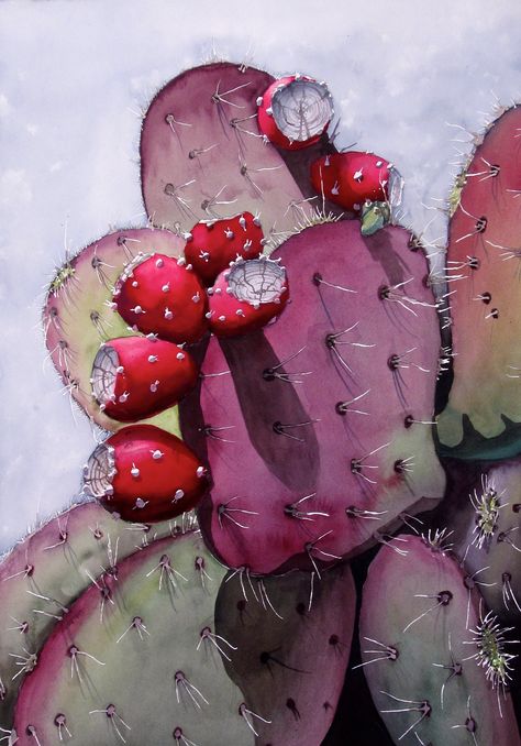 "Violet," a watercolor by Alice Jo Webb #watercolorcactus #pricklypearpainting #alicejowebb Desert Artwork, Cactus Images, Cactus Paintings, Easy Flower Painting, Cactus Blossoms, Cactus Painting, Watercolor Water, Watercolor Cactus, Cute Flower Wallpapers