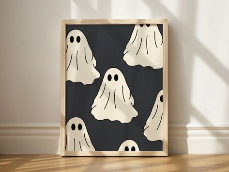 Halloween Diy Artwork, Ghost Picture Painting, Framed Cards On Wall, Fall Art Projects Adults, Ghost Wall Art, Home Halloween Decorations, Christmas Digital Prints, Halloween Canvas Diy, Cute Halloween Prints