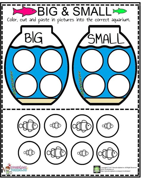 Here is funny big or small worksheet for preschoolers, kidergarten and first graders. We preapred two aquariums for small and big fishes. Kids will choose which one is big or small. They will also cut and paste them to correct positions. You can freely print for your kids or students but any purposes for profit is forbidden.Have fun! Big Or Small Worksheet, Opposites Preschool, Preschool Activities Printable, Cut And Paste Worksheets, English Activities For Kids, Kids Worksheets Preschool, Kindergarden Activities, Preschool Activities Toddler, Kids English