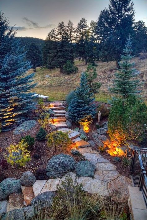 Burm Landscaping Backyards, Backyard Landscaping Mountain, Mountain Xeriscape Landscaping, Forest Front Yard Landscaping, Mountain Landscaping Ideas Cabin, Mountain Lodge Landscaping, Mountain Deck Ideas Outdoor Living, Mountain Property Landscaping, Front Landscaping With Rocks