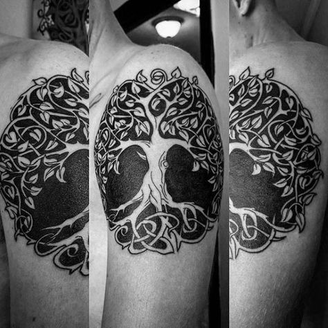 Negative Space Male Black Ink Tree Of Life Upper Arm Tattoos Tree Tattoo Chest, Celtic Tree Tattoos, Tree Roots Tattoo, Tree Tattoo Men, Negative Space Tattoo, Roots Tattoo, Family Tree Tattoo, Tree Of, Blackout Tattoo