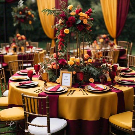 Mustard Yellow And Burgundy Wedding, Red Orange Gold Wedding, Yellow And Red Party Decor, Maroon And Yellow Wedding, Wedding Yellow Color Schemes, Red And Yellow Wedding Theme, Burgundy And Yellow Wedding, Red Yellow Wedding, Red And Yellow Wedding