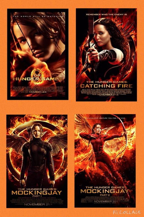 The Hunger Games - 2012 Catching Fire - 2013 Mocking Jay -  Part 1 - 2014 Mocking Jay -  Part 2 - 2015 2013 Movies, Hunger Games Poster, Hunger Games 2012, Mocking Jay, Mockingjay Part 2, Hunger Games Movies, Movie Guide, Hunger Games Series, Hunger Games Catching Fire