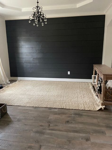 Farmhouse Sitting Room, Wall Sitting, Light Rug, Dark Accent Walls, Black Accent Walls, Shiplap Accent Wall, Salon Suites, Room Refresh, Accent Wall Bedroom