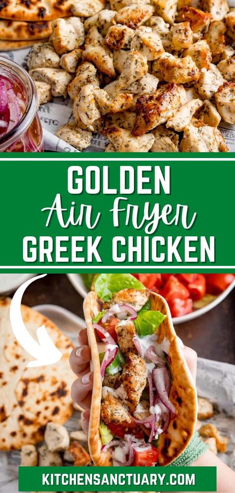 Greek Chicken Pitas Recipes, Greek Lemon Garlic Chicken Salad, Mediterranean Chicken Pitas, Quick Greek Chicken, Chicken Gyro Air Fryer, Chicken Euros, Greek Chicken Lunch Meal Prep, Greek Chicken Roll Ups, Grilled Chicken Pita Pockets