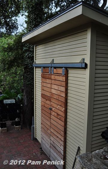 sliding shed door - Google Search Narrow Shed, Small Shed, Shed Door, Dig Gardens, Master Bathrooms, Shed Doors, Shed Plan, Backyard Sheds, Backyard Shed