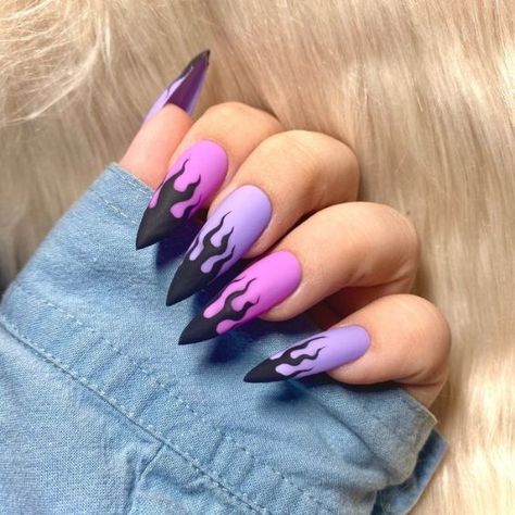 Flaming Purple Pointed Nails Pastel Goth Nails, Pointy Nail Designs, Flame Nails, Flame Nail Art, Purple Acrylic Nails, Pointy Nails, Goth Nails, Almond Acrylic Nails, Acrylic Nails Coffin Short