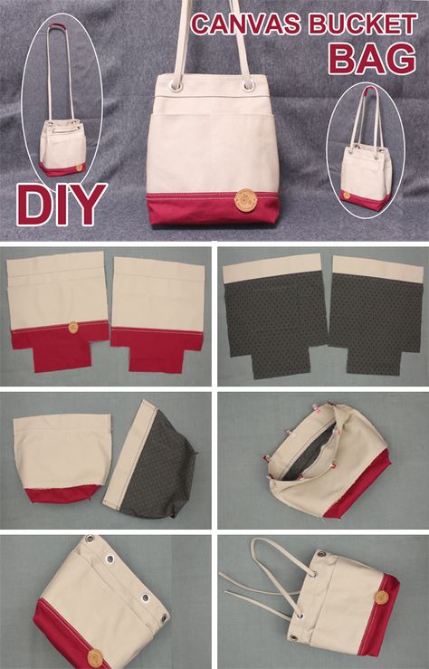 Diy Fabric Bucket, Diy Bucket Bag How To Make, Bucket Purse Pattern, Bucket Bag Pattern Free Sewing Projects, Bucket Bags Diy, Bucket Bag Pattern Free, How To Make Bag, Canvas Bags Ideas, Canvas Bags Diy