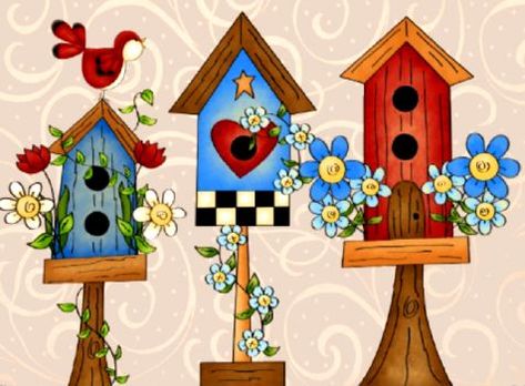 Glass Bird Bath, Bird Painting Acrylic, Primitive Painting, Diy Bird Bath, Bird Houses Painted, Birdhouse Designs, Country Paintings, Bird Houses Diy, House Quilts