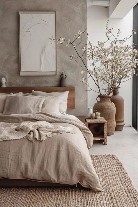 Sleeproom Ideas, Cozy Natural Bedroom, Japandi Dark Bedroom, Japandi Bedroom Dark Wall, Bedroom Inspirations Master Japandi, Wabi Sabi Small Bedroom, Bedroom Wall Color, Masters Bedroom Japandi, Neutral Bedroom Decor