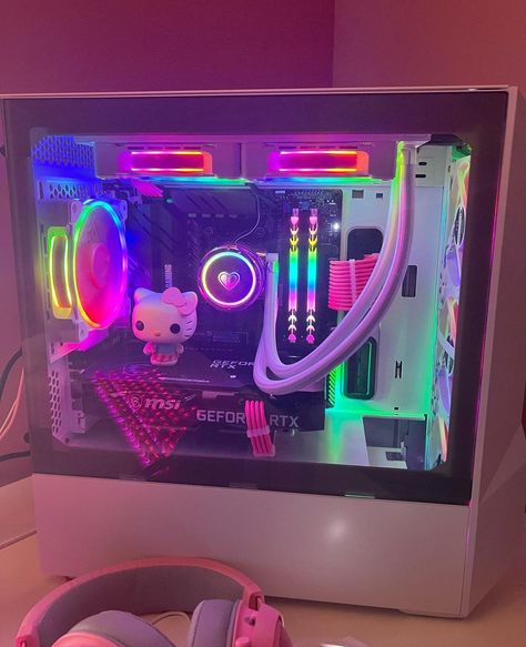 Cute | Kawaii | gamergirl | gamer | girl | pink | pastel | PC | Hello Kitty | Sanrio| white| lights | colorful | pretty | build | setup | case | white | rgb | funkopop | pc idea | white razor | keyboard | Razor | keyboard| headset Hello Kitty Pc Setup, Rainbow Gaming Setup, Hello Kitty Gaming Setup, Sanrio Gaming Setup, Razor Keyboard, Design Gaming Room, Cosy Study, Pink Pc, Chill Out Room