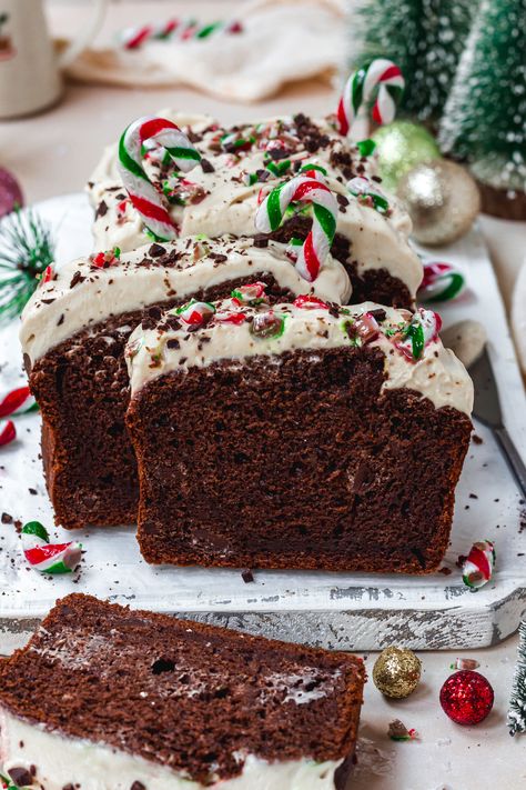 Chocolate Peppermint Candy Cane Banana Bread (Vegan) Peppermint Bread, Yoghurt Frosting, Mousse Frosting, Banana Bread Vegan, Plant Based Recipe, Peppermint Candy Cane, Vegan Plant Based, Chocolate Chunk, Vegan Banana