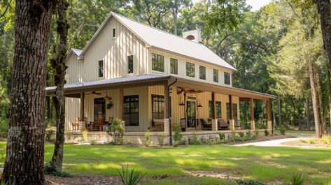 How To Finance a Barndominium, According to Experts – BarndoModern Farm Barndominium Ideas, Southern Barndominium Ideas, Colonial Style Barndominium, White Farmhouse Barndominium, 2 Storey Farmhouse Design, Colonial Barndominium, Cream Barndominium Exterior, Most Affordable House To Build, Vintage Barndominium