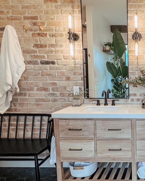 Comment MASTERBATH ✨A little master bathroom love today! All the details of the space are below. . I LOVE this room and how all of the pieces came together. Here are all of my favorites… 1. The HUGE 84” vanity in whitewashed teak with the open storage in the bottom. It’s just lovely and was one of the few options that we could find that would fit the space well. 2. I LOVE the brick wall and it really ties together with the brick herringbone floor in our foyer. 3. Third is the wooden stum... Brick Herringbone Floor, Brick Herringbone, White Wash Brick, Wall White, Herringbone Floor, The Brick, Open Storage, Brick Wall, Master Bath