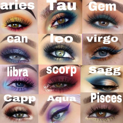 Zodiac sings make up eyes Zodiac Sign Eye Makeup Chart, Capricorn Eye Makeup, Zodiac Signs Eye Makeup, Zodiac Signs Eyes, Zodiac Signs Makeup Looks, Zodiac Makeup Chart, Zodiac Makeup Looks, Zodiac Signs Makeup, Capricorn Makeup