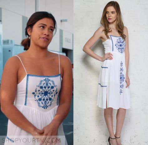 Jane The Virgin Outfits, Jane Villanueva, Blue Embroidered Dress, Ophelia Dress, Little White Lies, Tv Clothes, Character Wardrobe, Style Inspiration Spring Summer, Gina Rodriguez