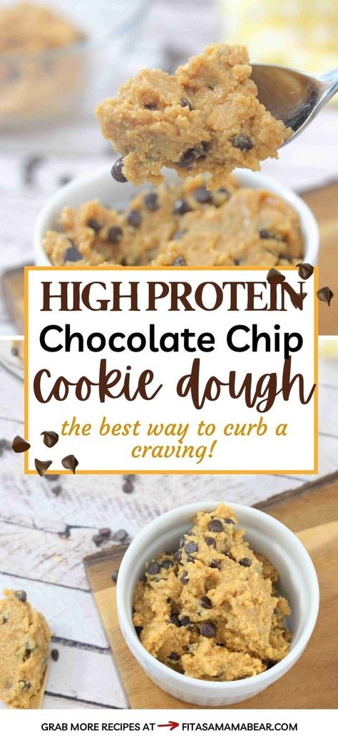 Two images of protein cookie dough with chocolate chips in a white ramekin and the top image a close up of a spoonful with text between the images. Low Calorie Cookie Dough, Cookie Dough Keto, Gluten Free Protein Cookies, Protein Cookie Dough Recipe, High Protein Snack Recipes, Peanut Butter And Chocolate Chips, Protein Snacks Recipes, Protein Chocolate Chip Cookies, Protein Powder Cookies